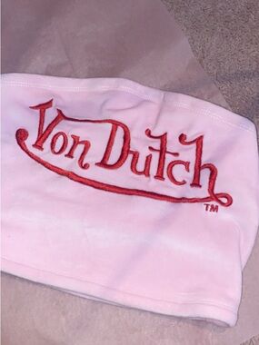 Von Dutch Light Pink Velvet Tube Top with Logo Tag